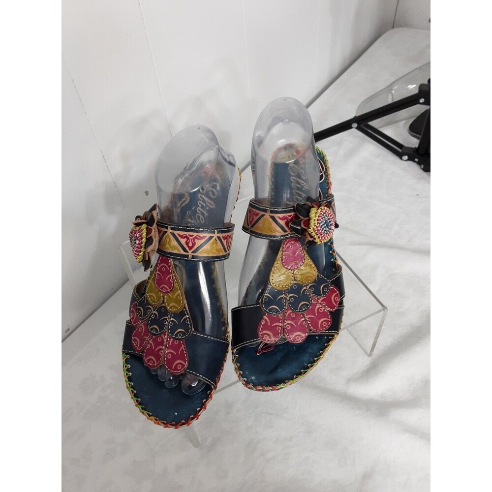 Elite by Corkys Jamaica Slip On Boho Sandal Leather Blue Pink Block Heel Size 9